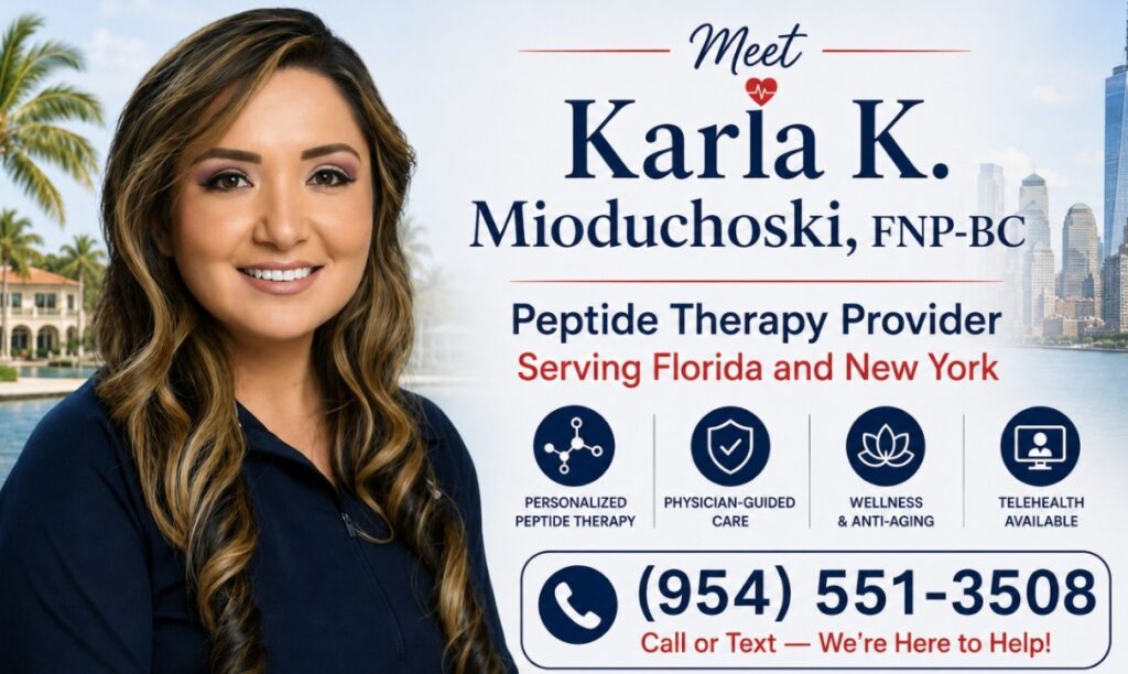 Meet Karla K. Mioduchoski, FNP-BC, provider of physician-guided Sermorelin peptide therapy, telehealth consultations, and wellness-focused treatment programs at Florida Surgery & Weight Loss Center.