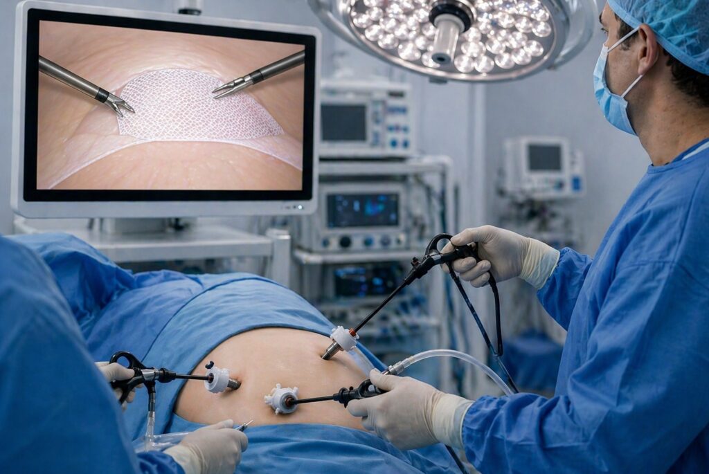 Laparoscopic hernia repair surgery in a modern operating room with surgeons using minimally invasive instruments