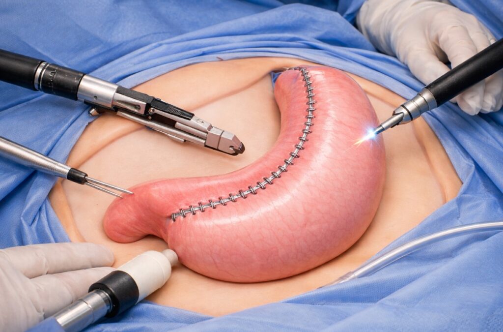 Laparoscopic gastric sleeve surgery illustration showing a smooth, stapled stomach with minimally invasive tools, representing Florida Surgery And Weight Loss Center and Dr. Terushkin, MD, FACS in Hollywood, FL, Miami, Pembroke Pines, and Hallandale Beach.