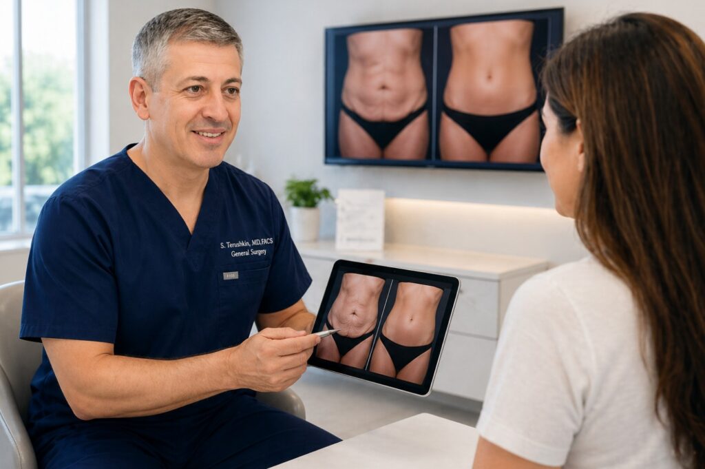 Dr. Sergey Terushkin consultation for panniculectomy after weight loss in Hollywood, FL with before and after results, insurance and self-pay options