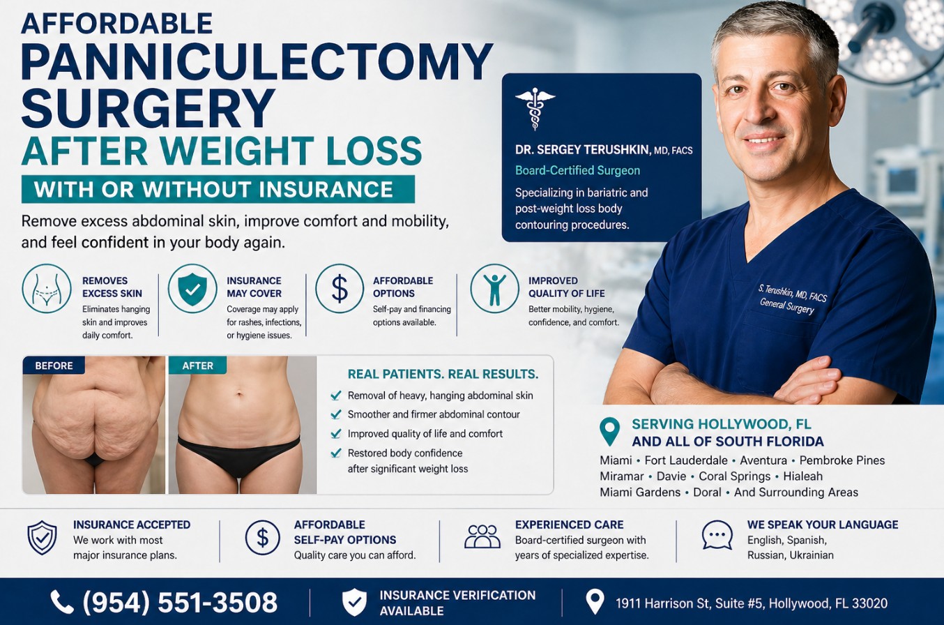 Affordable panniculectomy surgery after weight loss in Hollywood, FL with before and after results and insurance or self-pay options