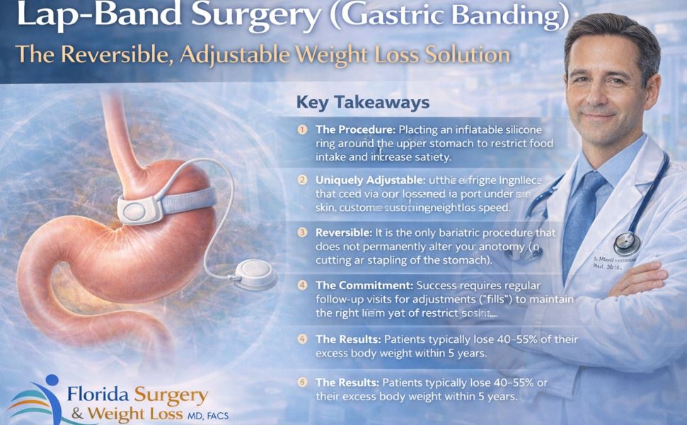 Hero image for Lap-Band surgery at Florida Surgery & Weight Loss featuring a medical illustration of an adjustable gastric band placed around the stomach alongside a professional physician, highlighting a reversible and adjustable weight loss solution for bariatric patients.