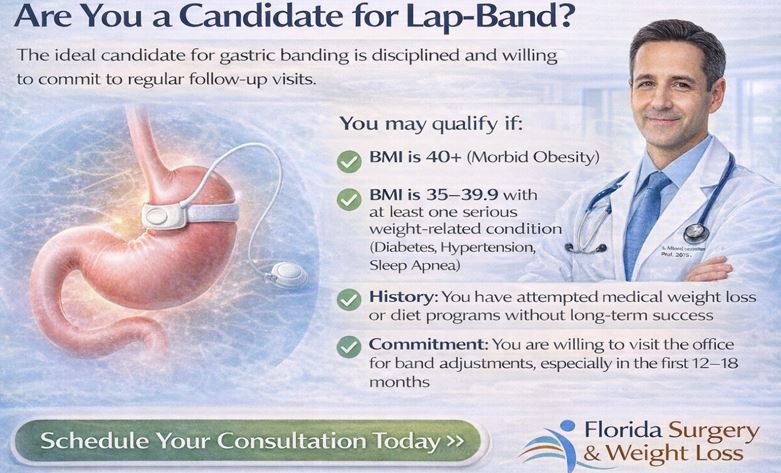Infographic explaining Lap-Band surgery candidacy criteria, including BMI requirements, obesity-related health conditions, prior weight loss attempts, and commitment to follow-up care, alongside a medical illustration of gastric banding and a physician promoting bariatric consultation.