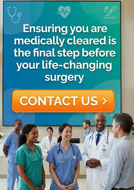 A diverse medical team and a patient in a modern clinic lobby, standing in front of a large digital display that reads: 'Ensuring you are medically cleared is the final step before your life-changing surgery' with a prominent orange 'CONTACT US' button. The image emphasizes the importance of pre-operative medical clearance