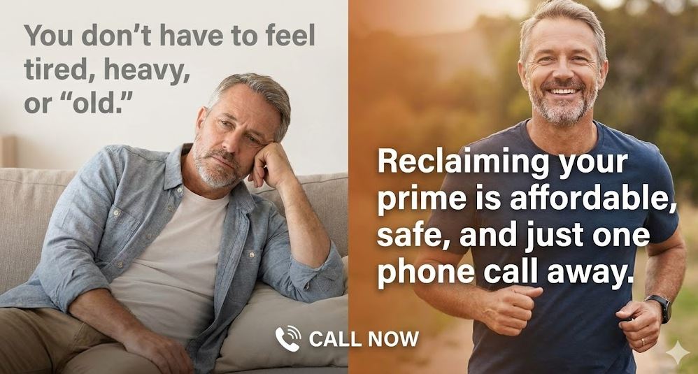 Testosterone therapy advertisement addressing fatigue and aging. Features a healthy man with text promising an affordable, safe way to reclaim your prime through TRT.