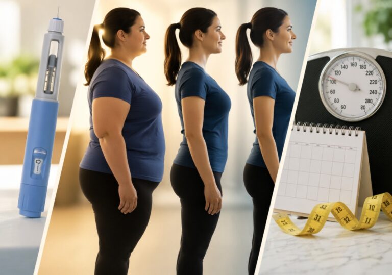 Semaglutide weight loss journey showing woman body transformation over time with injection pen, scale, and measuring tape