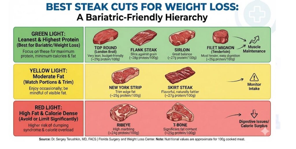 Bariatric-friendly steak cut chart titled 'BEST STEAK CUTS FOR WEIGHT LOSS' by Dr. Sergey Terushkin. It uses a traffic light system: Green for leanest cuts (Top Round, Flank, Sirloin, Filet Mignon) for muscle maintenance, Yellow for moderate fat cuts (NY Strip, Skirt Steak) to monitor, and Red for high-fat cuts (Ribeye, T-Bone) to avoid due t