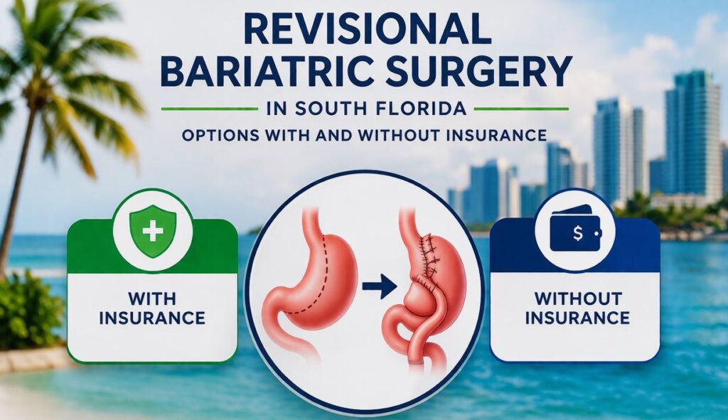 Revisional bariatric surgery illustration comparing treatment options with insurance and without insurance in South Florida.