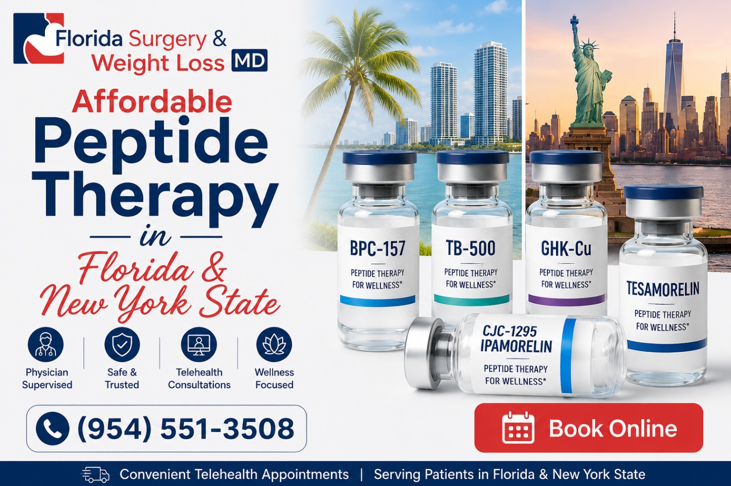 Affordable peptide therapy banner featuring BPC-157, TB-500, GHK-Cu, Tesamorelin, and CJC-1295 Ipamorelin at Florida Surgery and Weight Loss Center.