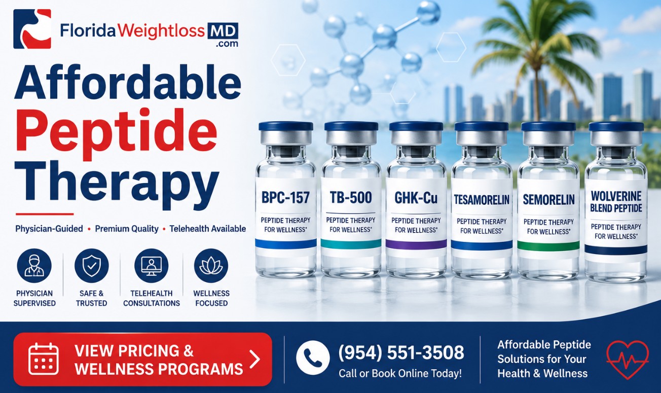 Affordable peptide therapy banner featuring BPC-157, TB-500, GHK-Cu, Tesamorelin, Semorelin, and Wolverine Blend Peptide at Florida Weightloss MD.