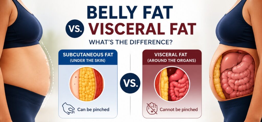 Florida Surgery And Weight Loss Center infographic comparing belly fat and visceral fat, explaining the difference between subcutaneous fat and fat surrounding internal organs.