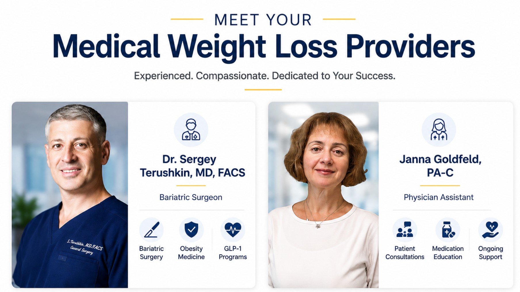 Meet Your Medical Weight Loss Providers at Florida Surgery and Weight Loss Center featuring Dr. Sergey Terushkin, MD, FACS, and Janna Goldfeld, PA-C, offering physician-guided weight loss programs, GLP-1 treatments, bariatric surgery, and telehealth consultations.