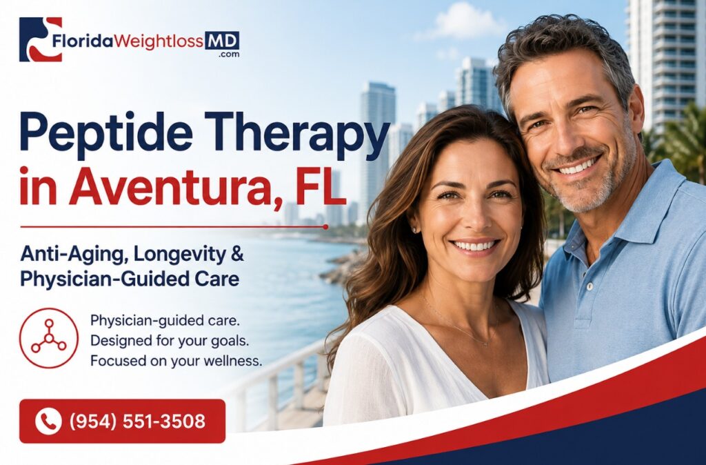 Peptide therapy in Aventura, FL featuring physician-guided care, healthy aging, longevity support, telehealth consultations, and personalized wellness programs at Florida Surgery & Weight Loss Center.
