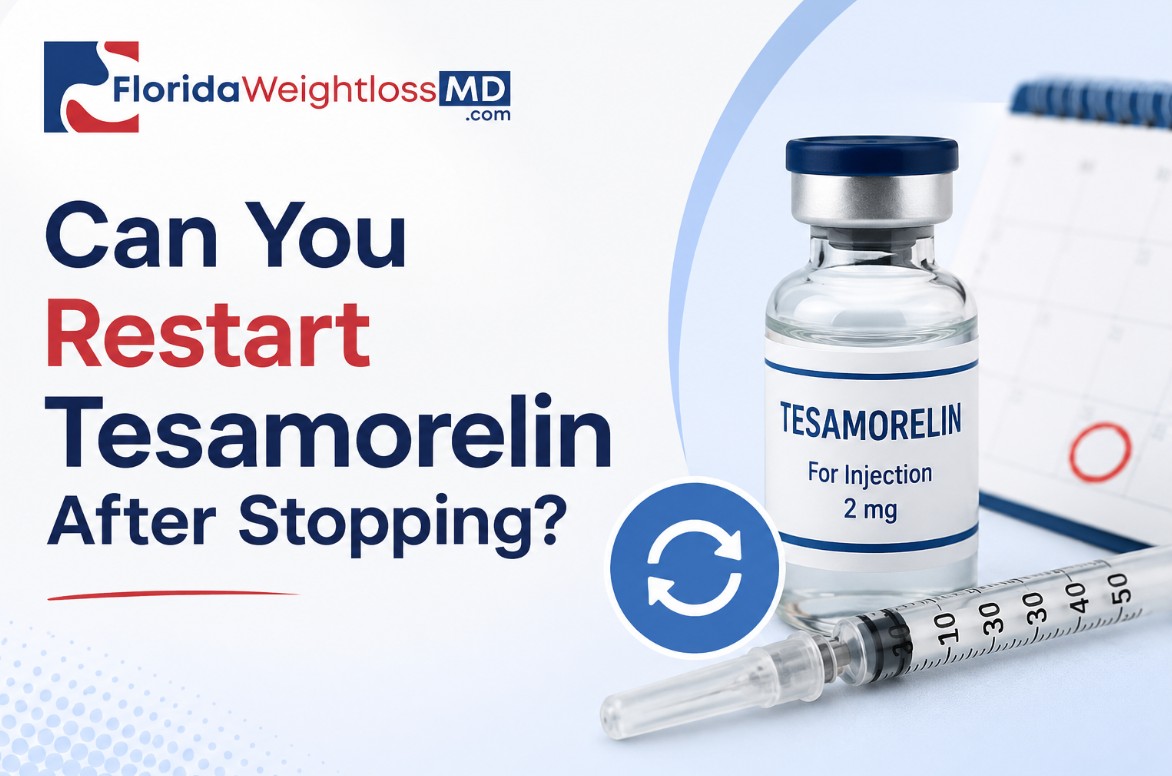 Can You Restart Tesamorelin After Stopping? Physician-guided Tesamorelin therapy infographic featuring a Tesamorelin injection vial, syringe, and Florida Surgery & Weight Loss Center logo.