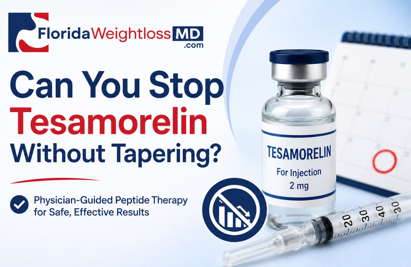 Can You Stop Tesamorelin Without Tapering? Physician-guided Tesamorelin therapy infographic featuring a Tesamorelin injection vial, syringe, and the Florida Surgery & Weight Loss Center logo.