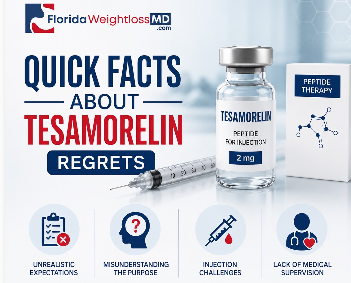 Quick Facts About Tesamorelin Regrets infographic featuring a Tesamorelin injection vial, syringe, medical icons, and the Florida Weight Loss MD logo.