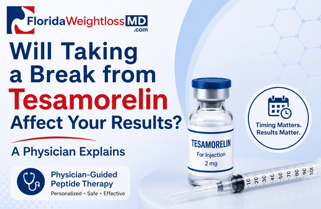 Will Taking a Break from Tesamorelin Affect Your Results? Educational infographic featuring a Tesamorelin injection vial, syringe, and the Florida Surgery & Weight Loss Center logo.