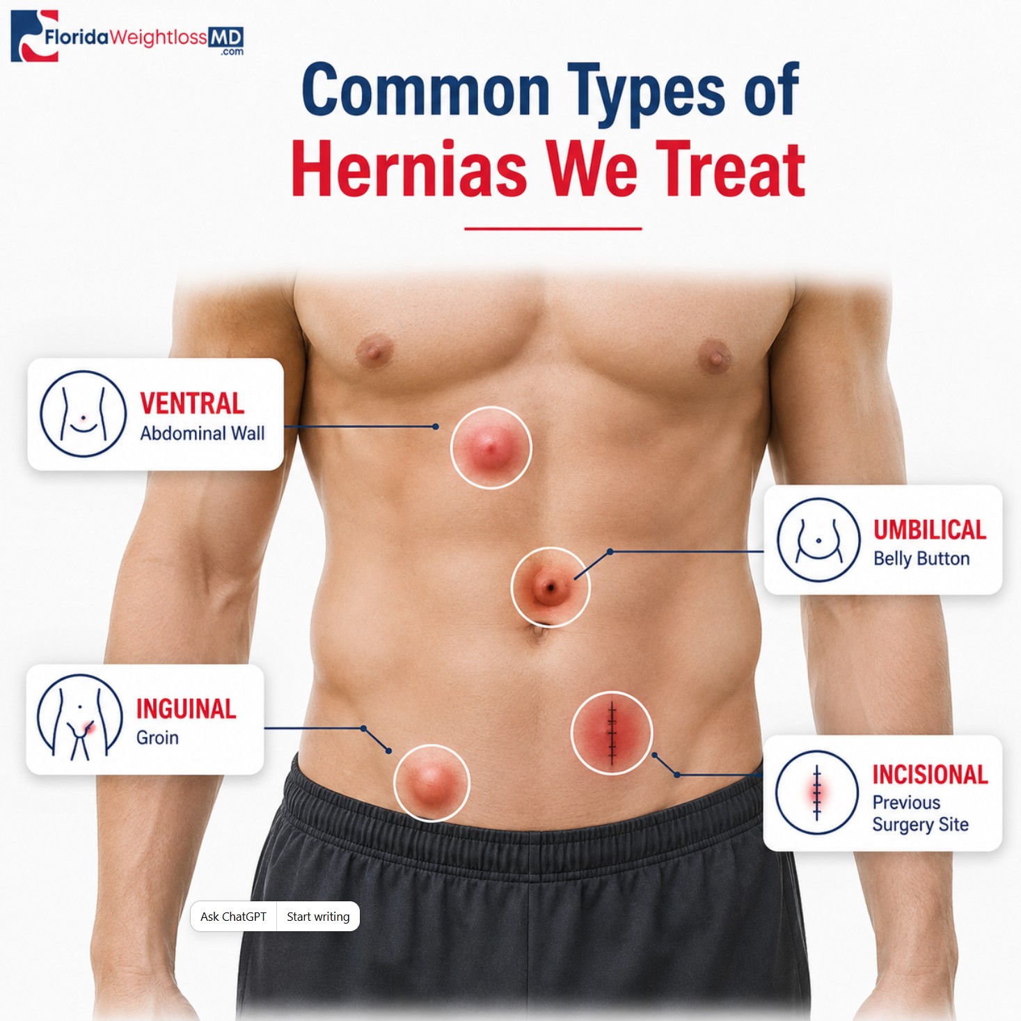 Common inguinal, umbilical, ventral and incisional hernias treated by Dr. Sergey Terushkin at Florida Surgery And Weight Loss Center