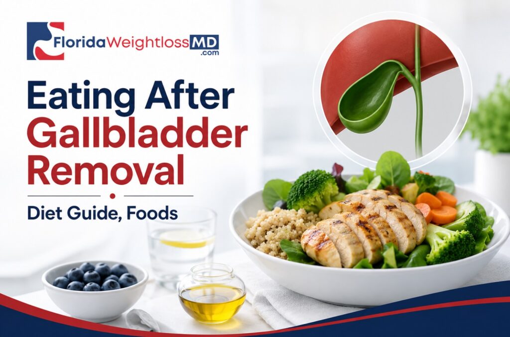 Eating after gallbladder removal diet guide with lean protein, vegetables, whole grains and healthy food choices for recovery.