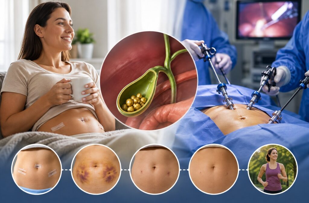 Gallbladder surgery before and after recovery timeline showing laparoscopic removal, incision healing, scars and return to normal activity.