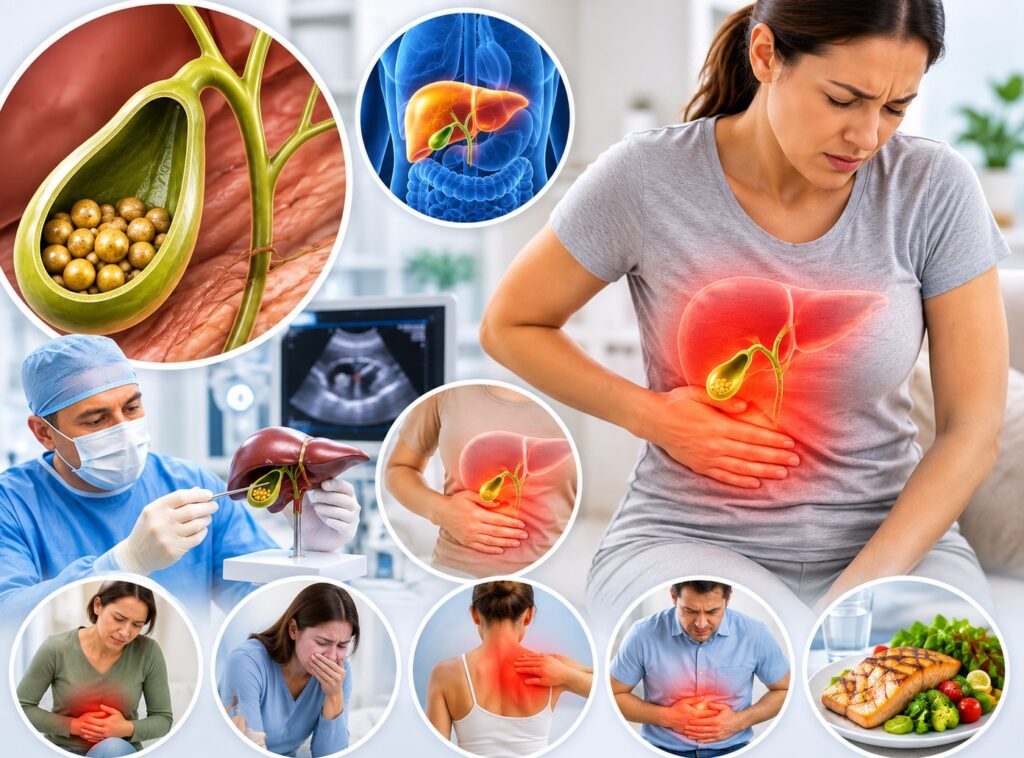 Gallstones symptoms and treatment illustration showing gallbladder stones, upper-right abdominal pain, nausea, back pain, ultrasound diagnosis and treatment options.