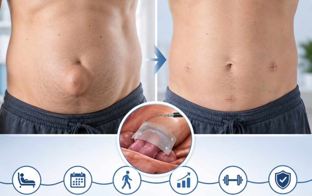 Hernia repair before and after showing surgery results, recovery and healing stages at Florida Surgery And Weight Loss Center