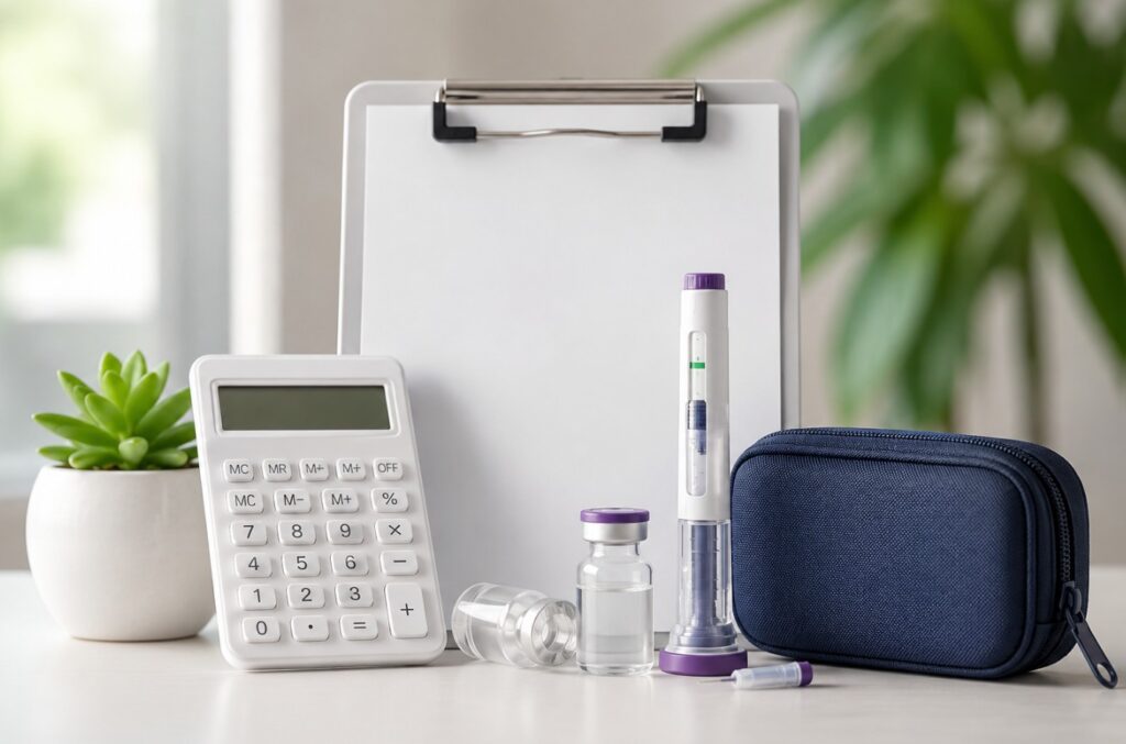 Mounjaro® dosage calculator and dosing charts for home use with injection pen, vial and weekly medication supplies