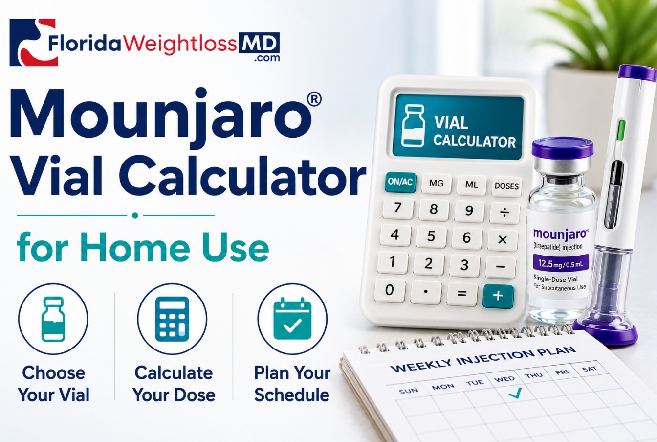 Mounjaro vial calculator for home use with vial, injection supplies and weekly dosing schedule from Florida Surgery And Weight Loss Center