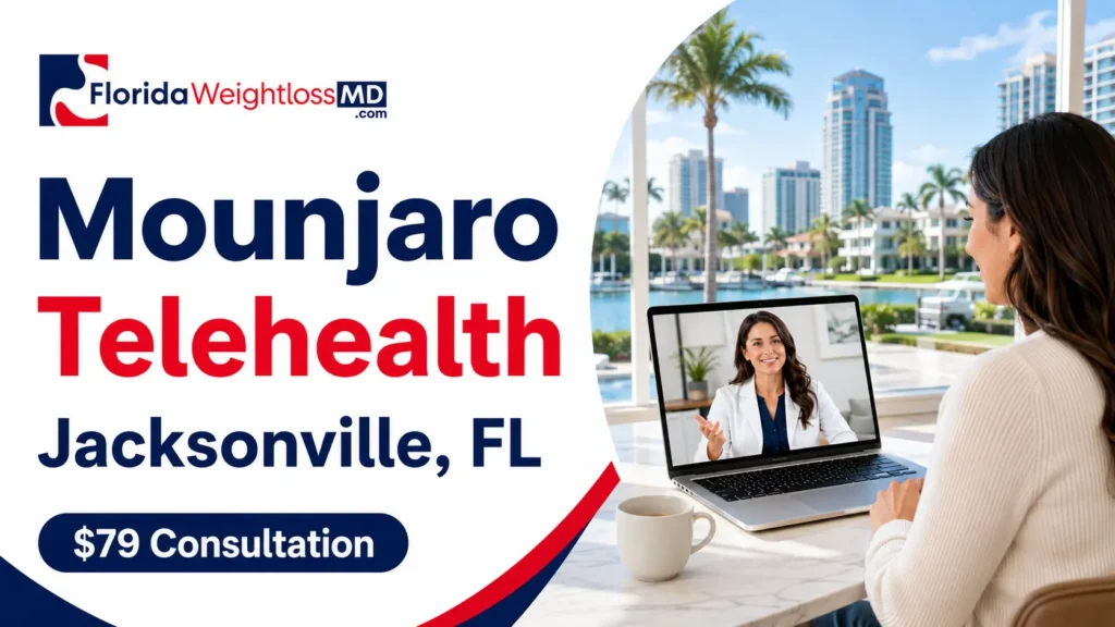 Woman in Jacksonville, Florida attending a Mounjaro telehealth consultation with a healthcare provider by video on a laptop, shown in a bright Florida setting during a virtual medical weight management appointment.