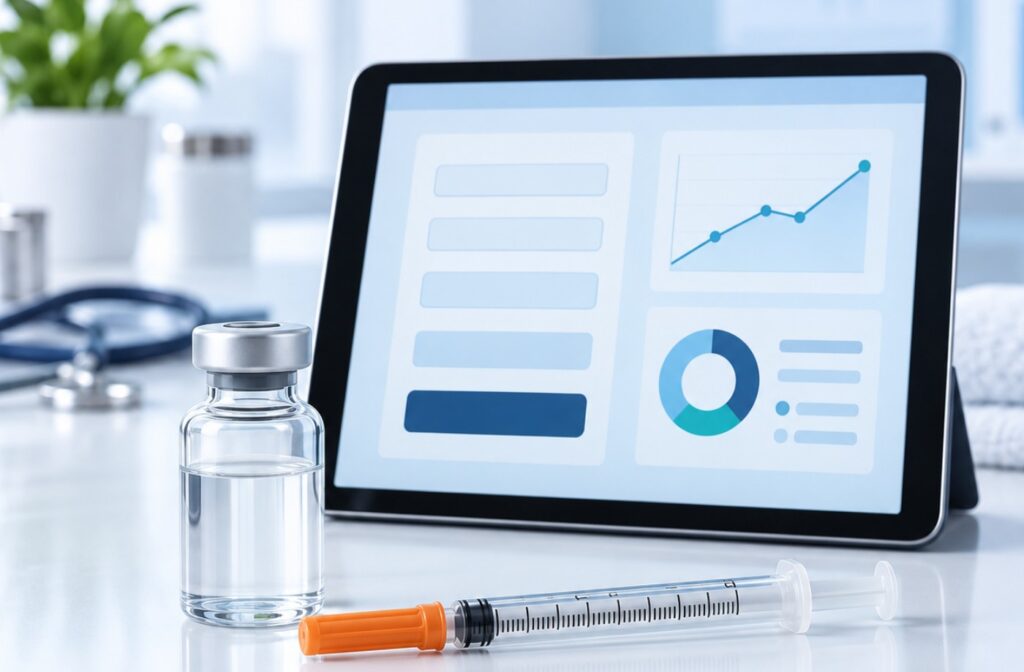 GoalBMI Wellness tirzepatide and Zepbound® dosage calculator with compounded tirzepatide vial, syringe, and charts